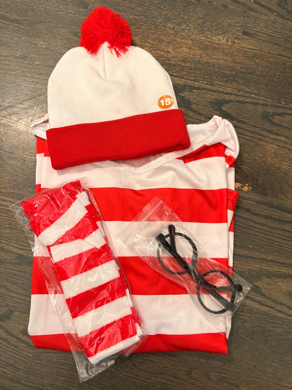 Waldo type adult Large Red and White Striped Costume Set with Pom Pom Beani!